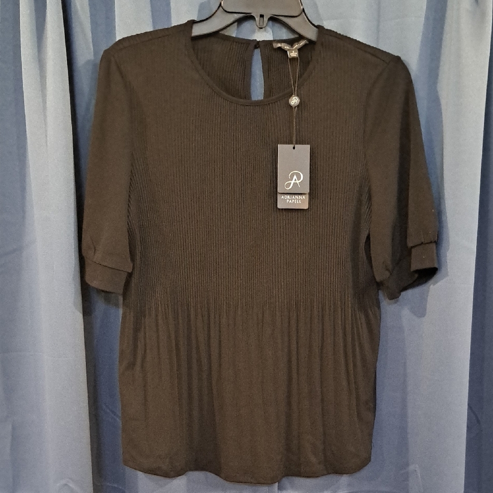 Adrianna Papell Black Mandarin Collar Short Sleeve Tee